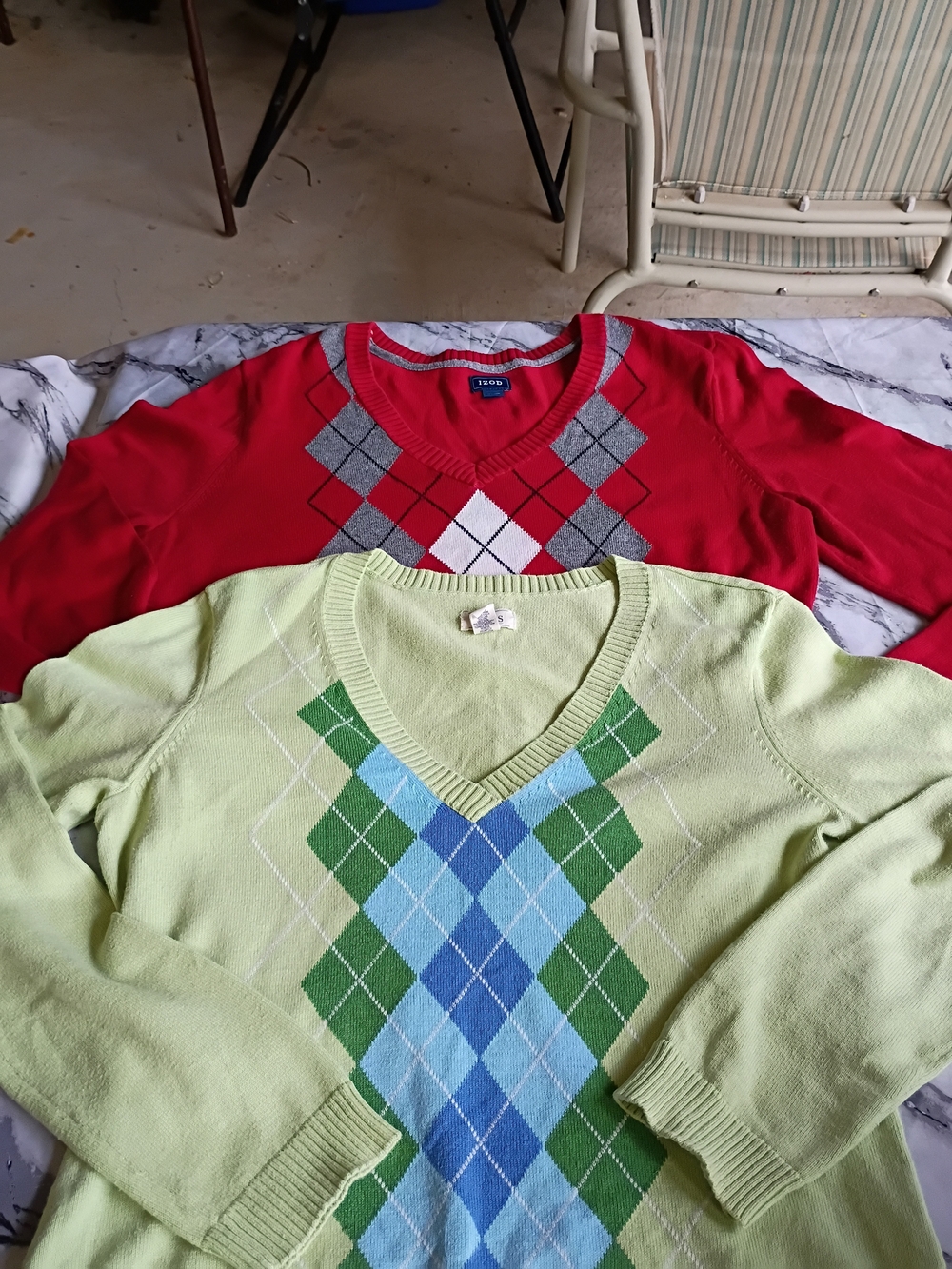 Bundle  V-Neck Argyle Sweaters - Red and Light Green Red Is Izod Green Is Bass